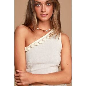 Lulus Line in the Sand Cream One Shoulder Tassel Crop Top Linen Blend Medium